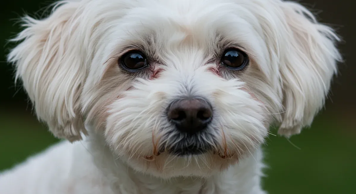 Close-up of a Bichon Frise's face showing reddish-brown tear staining under the eyes, illustrating a common dietary-related condition that can be managed through proper food selection