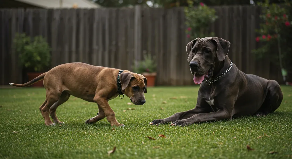 A Great Dane puppy playing energetically while an adult Great Dane rests, illustrating how exercise needs change with age