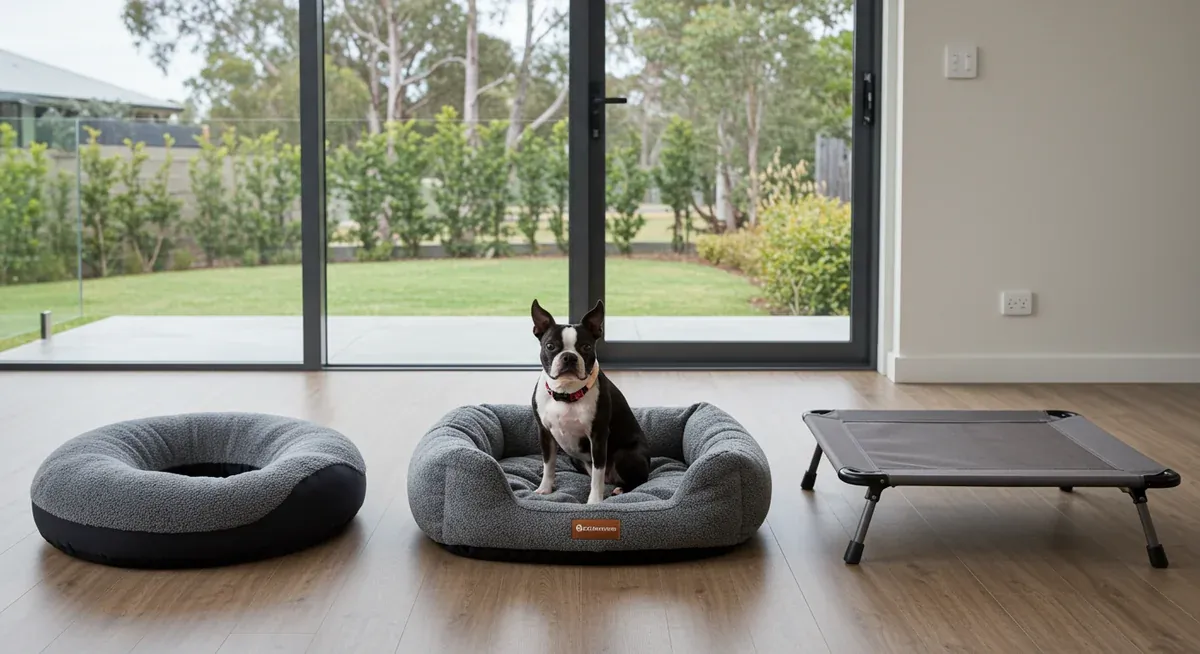 Three different types of dog beds suitable for Boston Terriers, showcasing donut-style, orthopedic memory foam, and elevated bed options