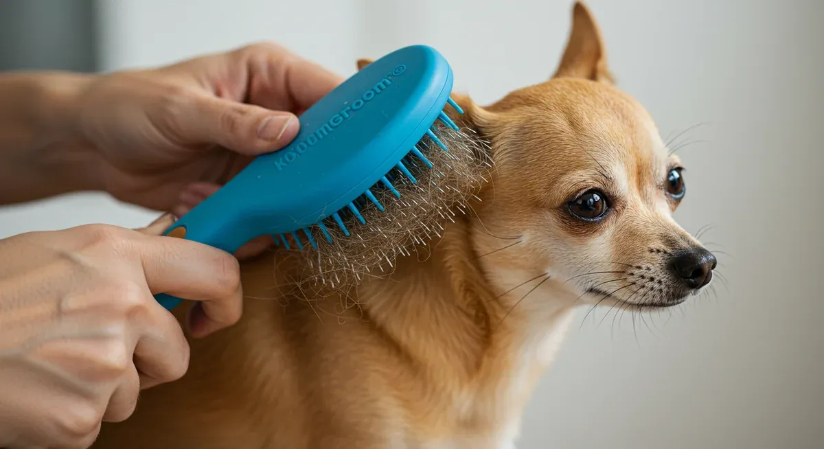 Close-up of a short-haired Chihuahua being brushed with a rubber Kong ZoomGroom brush, demonstrating proper technique for this coat type