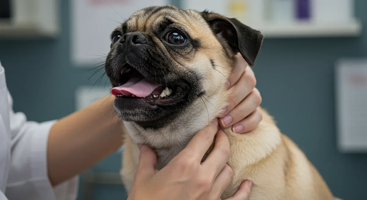 Veterinary examination of a Pug's airway showing the shortened skull structure and flattened face anatomy that contributes to breathing difficulties and BOAS