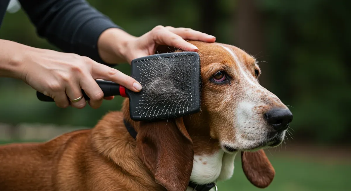 Close-up of a Basset Hound being brushed with a rubber grooming mitt, demonstrating proper brushing technique and showing loose fur being removed from the coat