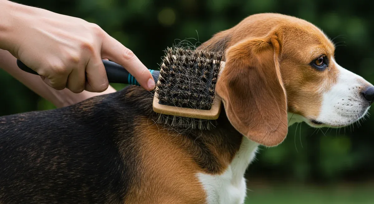 Close-up of a Beagle being brushed with proper technique, showing the brush working through the dog's double coat