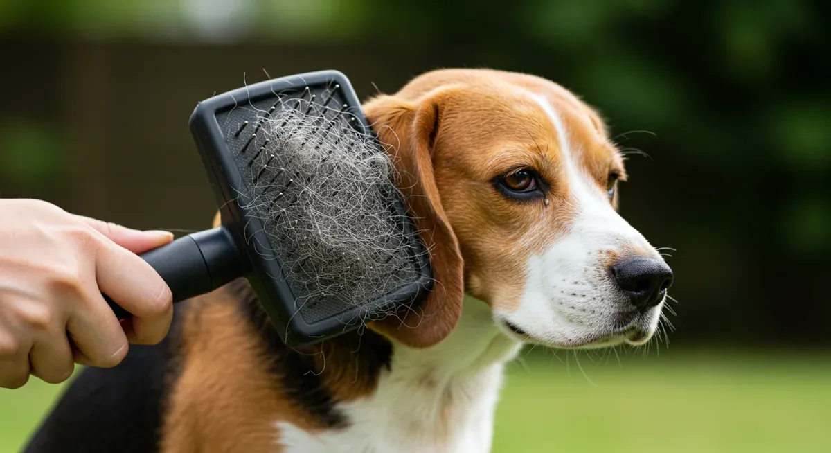 Close-up view of a de-shedding tool removing loose undercoat from a Beagle's double coat, illustrating effective brushing technique for managing heavy shedding