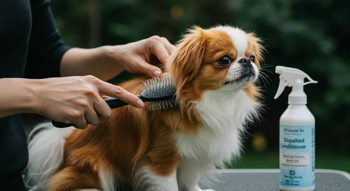 Close-up of proper brushing technique being demonstrated on a Japanese Chin's coat, showing gentle strokes and grooming tools used for their delicate fur