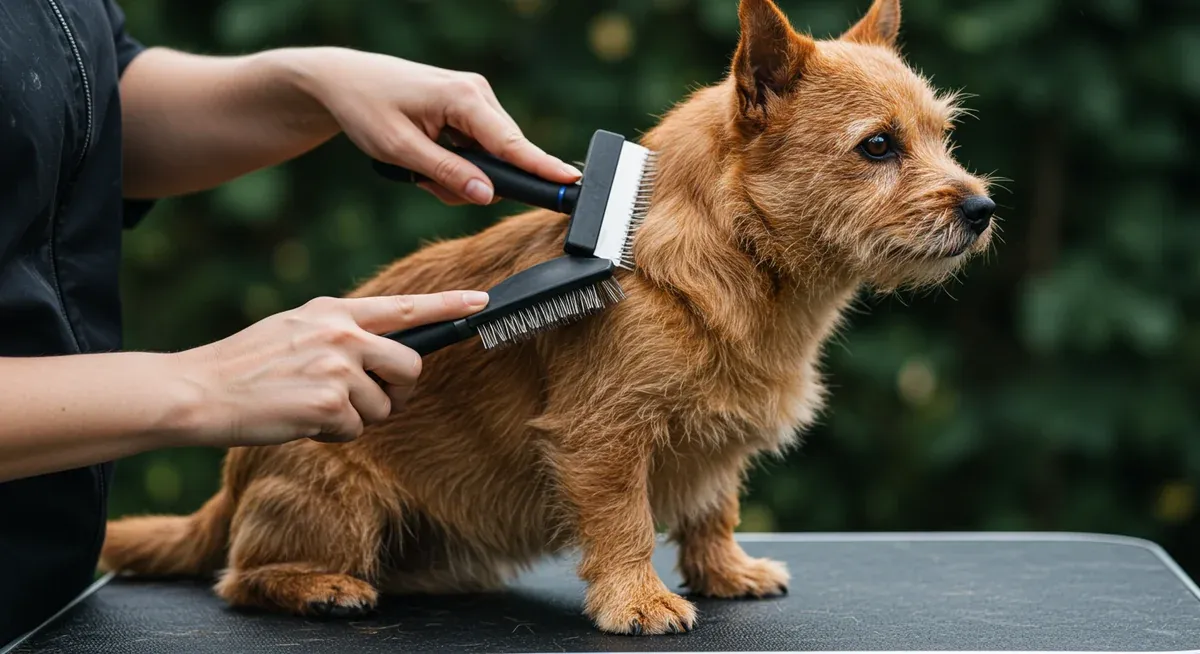 Demonstration of proper brushing technique on a Norwich Terrier's coat using a slicker brush, illustrating the regular maintenance described in the article