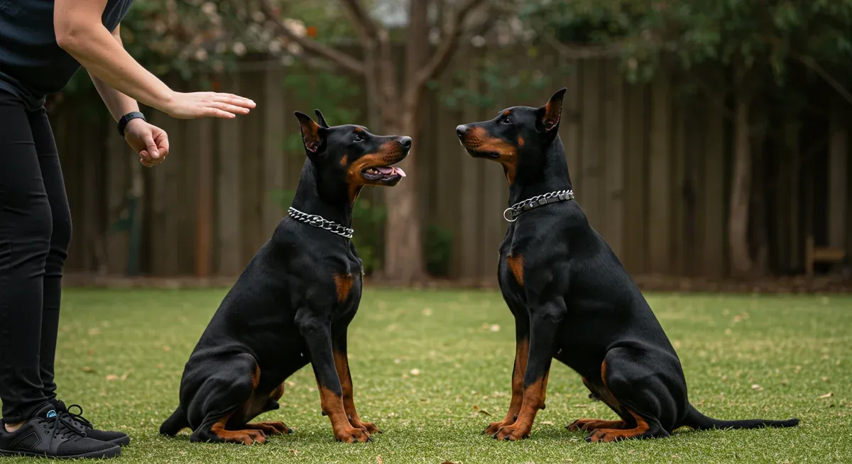 Trainer using hand signals with a young Doberman responding to visual cues, illustrating the breed's exceptional responsiveness to combined verbal and visual commands