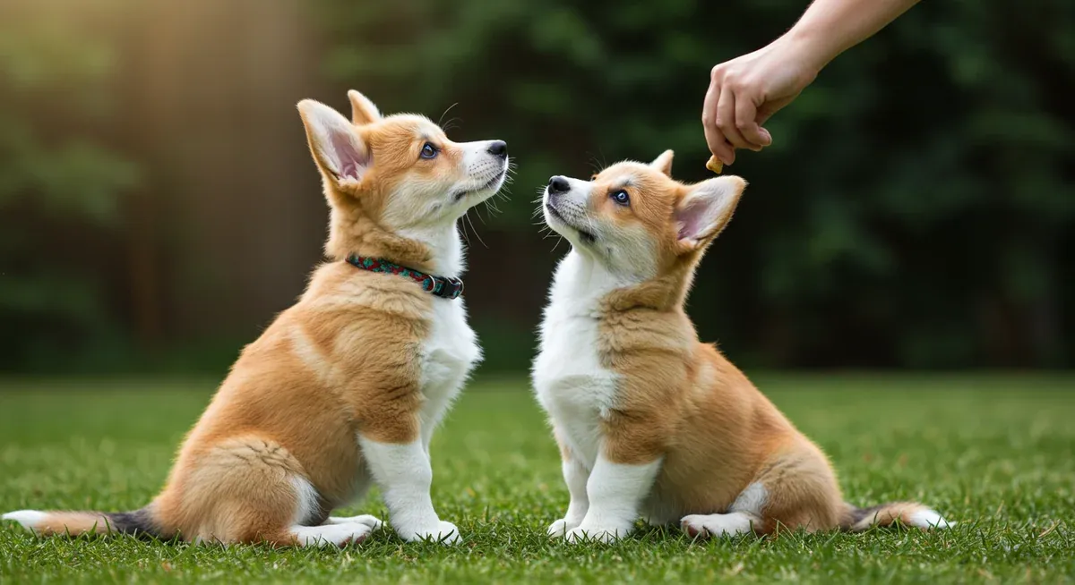 Pembroke Welsh Corgi puppy learning basic sit command with positive reinforcement training, illustrating the early obedience training methods discussed in the section