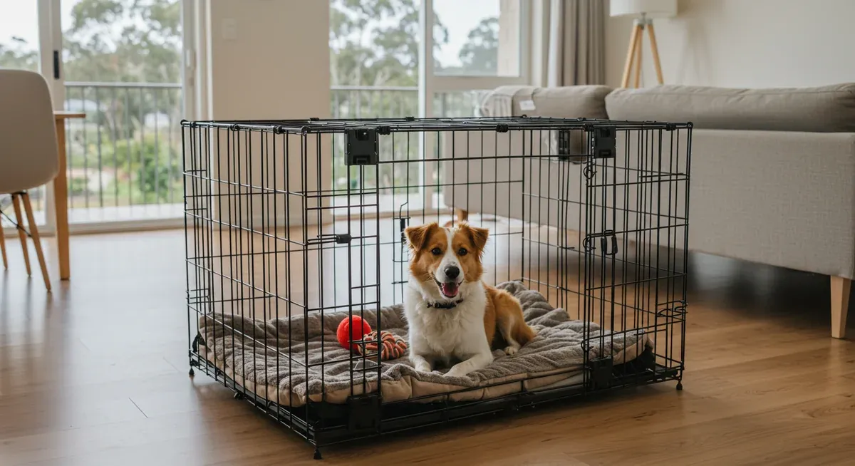 A properly sized wire crate with dividers set up in a family living area, showing the ideal environment for crate training a Goldendoodle
