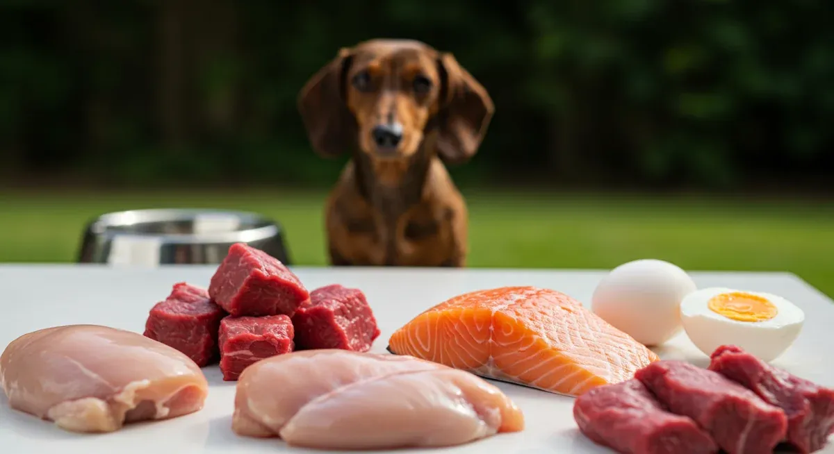 Close-up view of high-quality protein sources including chicken, beef, salmon, and eggs arranged near a dog food bowl, demonstrating ideal protein choices for Dachshunds