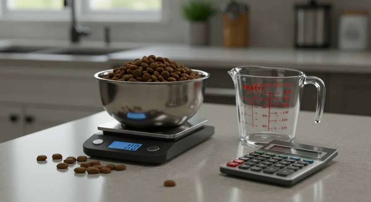 A kitchen scale with dog food being precisely measured, demonstrating the accurate portion control methods discussed for German Shepherd weight loss