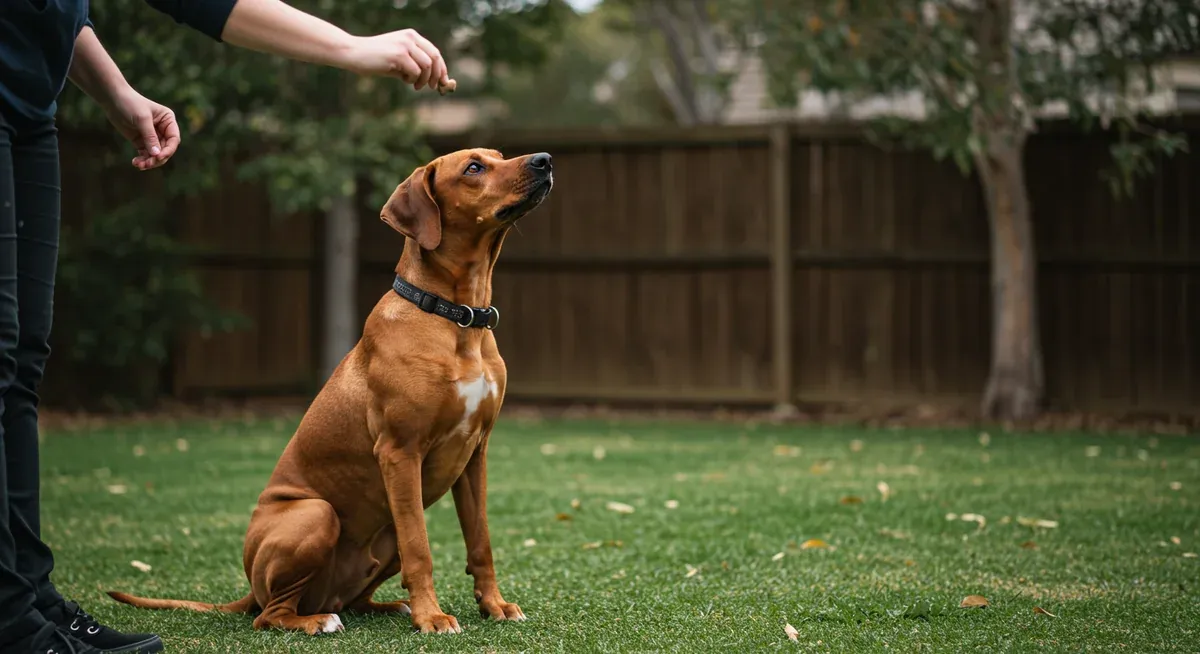 A Rhodesian Ridgeback puppy choosing to sit while looking up at a treat, demonstrating the choice-based training approach where dogs cooperate willingly rather than being forced to comply