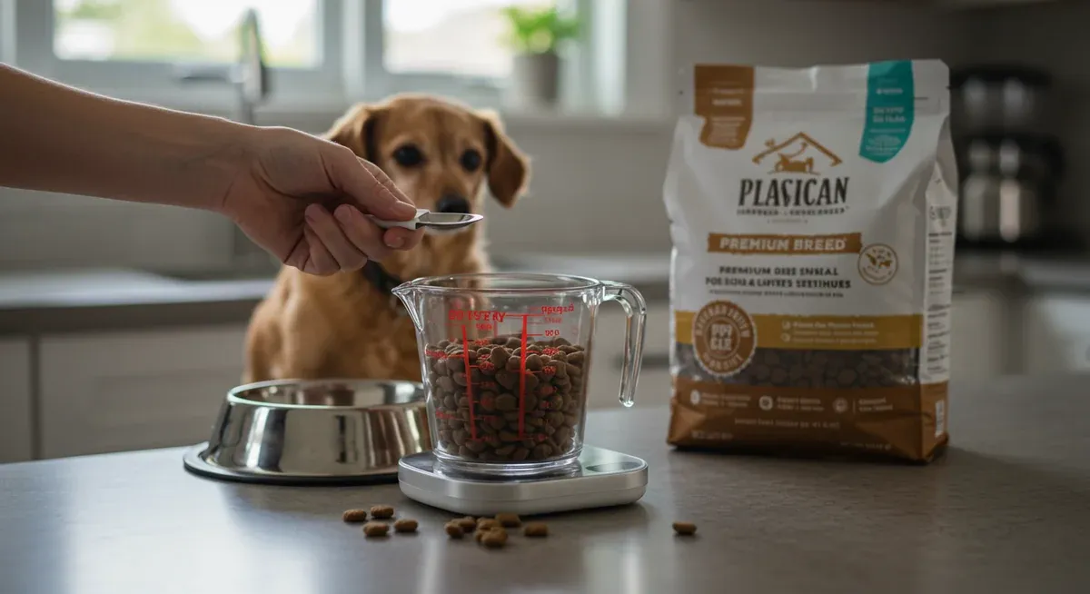 Precise measurement of small-breed dog food kibble in a measuring cup next to a food bowl and kitchen scale, demonstrating proper portion control for Chihuahuas
