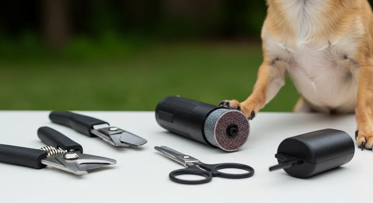 Various nail trimming tools designed for small dogs including clippers and grinders, with a Chihuahua paw shown for scale comparison