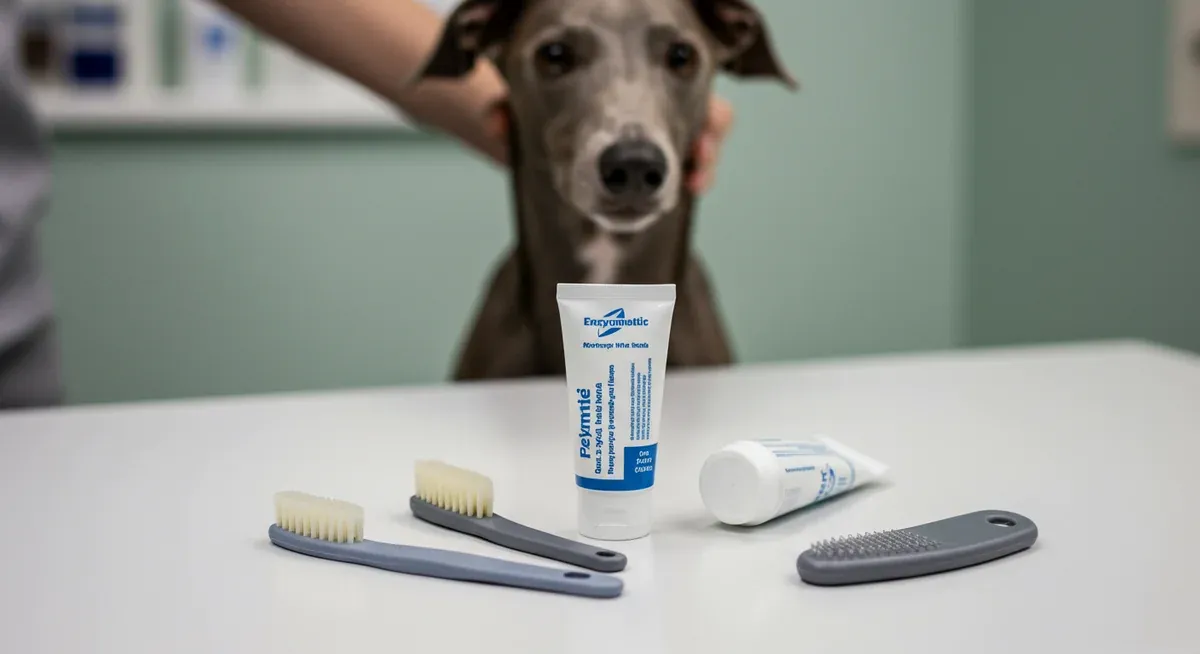 Collection of small-sized dog dental care tools including soft toothbrush and enzymatic toothpaste, specifically designed for narrow-mouthed breeds like Greyhounds