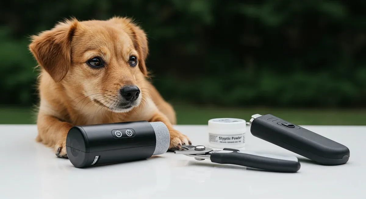 Professional nail trimming tools including LED nail grinder, small dog clippers, and styptic powder arranged for small breed nail care