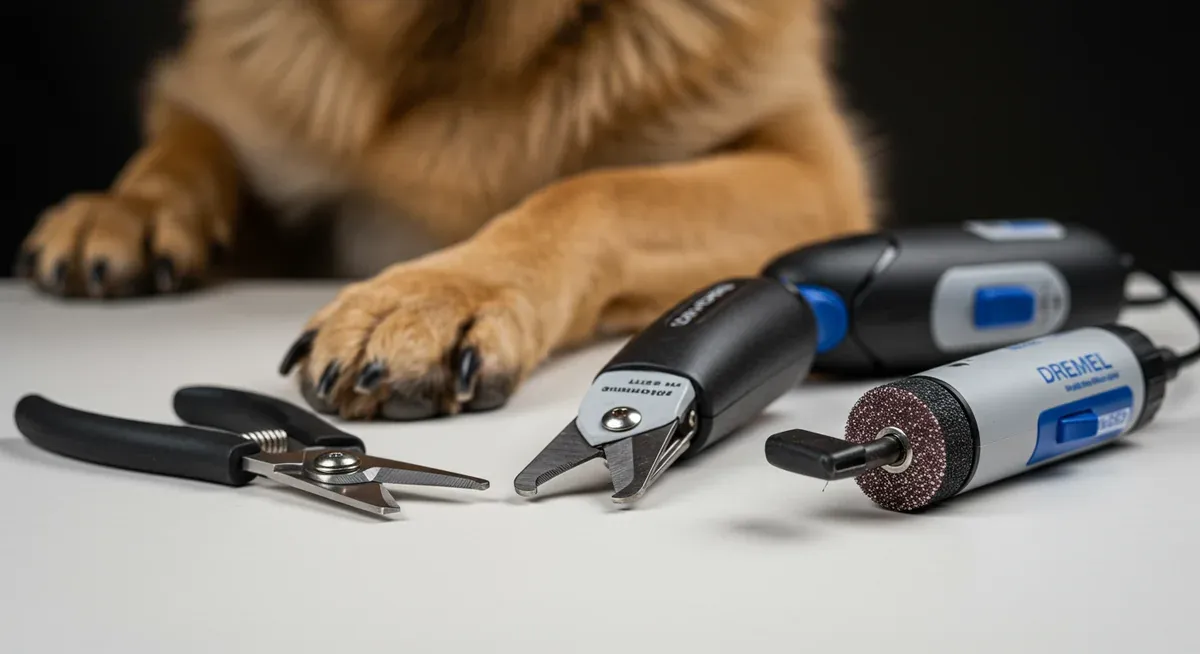Various nail trimming tools including scissor-type clippers and nail grinder displayed alongside a German Shepherd's nail for size reference