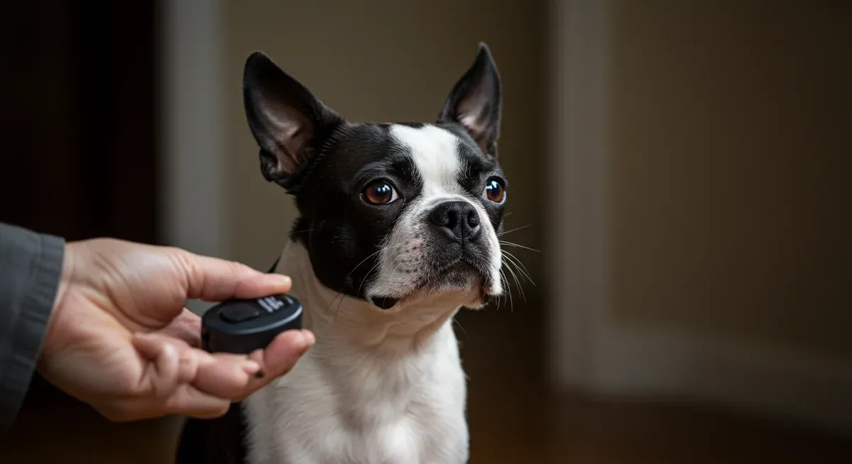 Boston Terrier with alert expression and perked ears focused on training clicker held by owner, demonstrating clicker training technique