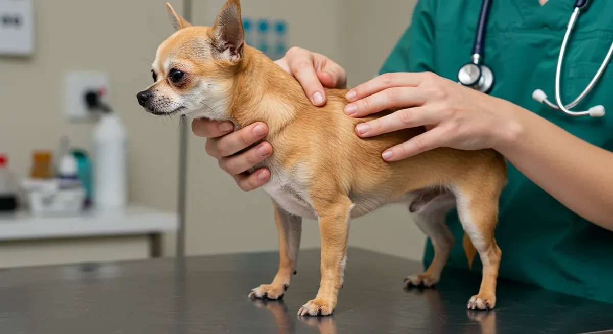 Veterinarian examining a Chihuahua's coat and skin for signs of hair loss and allergic reactions during a clinical examination