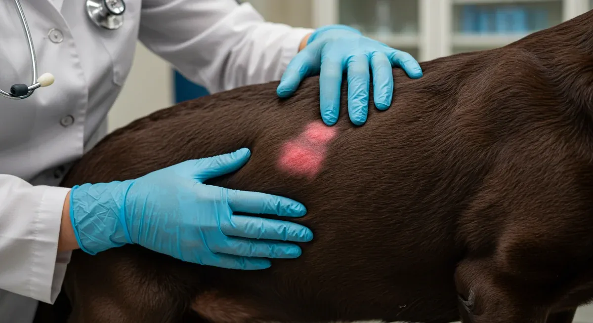 Close-up of a Labrador's skin showing hot spots and irritated areas being examined by a veterinarian, demonstrating common skin conditions in the breed