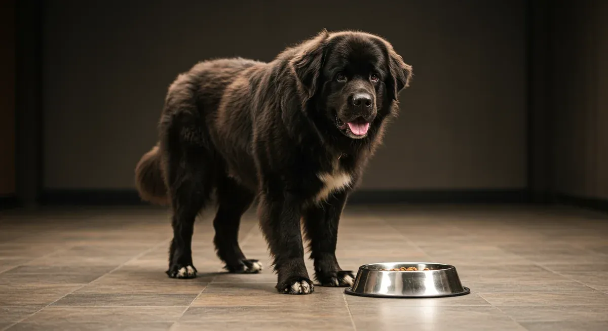 A Newfoundland dog showing early warning signs of resource guarding behavior including tense body posture and alert stance near a food bowl, illustrating the subtle behavioral cues discussed in the article.