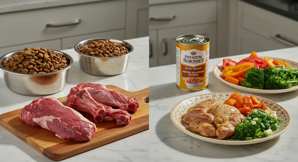 Four different types of dog food options displayed side by side - dry kibble, wet food, raw diet components, and home-cooked meal - showing the variety of feeding choices available for Staffordshire Bull Terriers