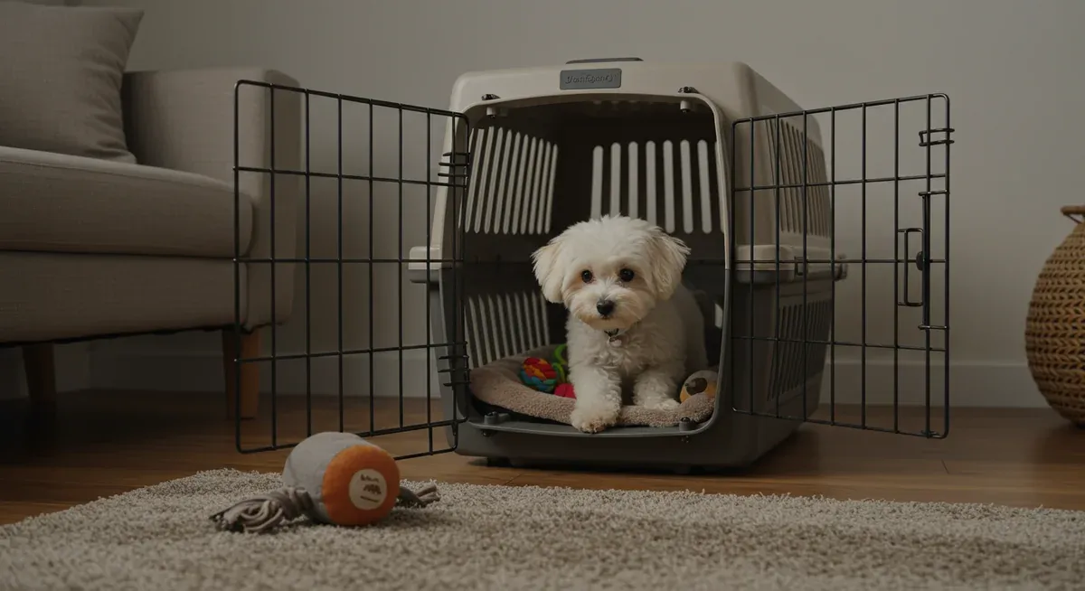 Bichon Frise puppy investigating a welcoming dog crate with soft bedding, illustrating proper crate training setup and introduction