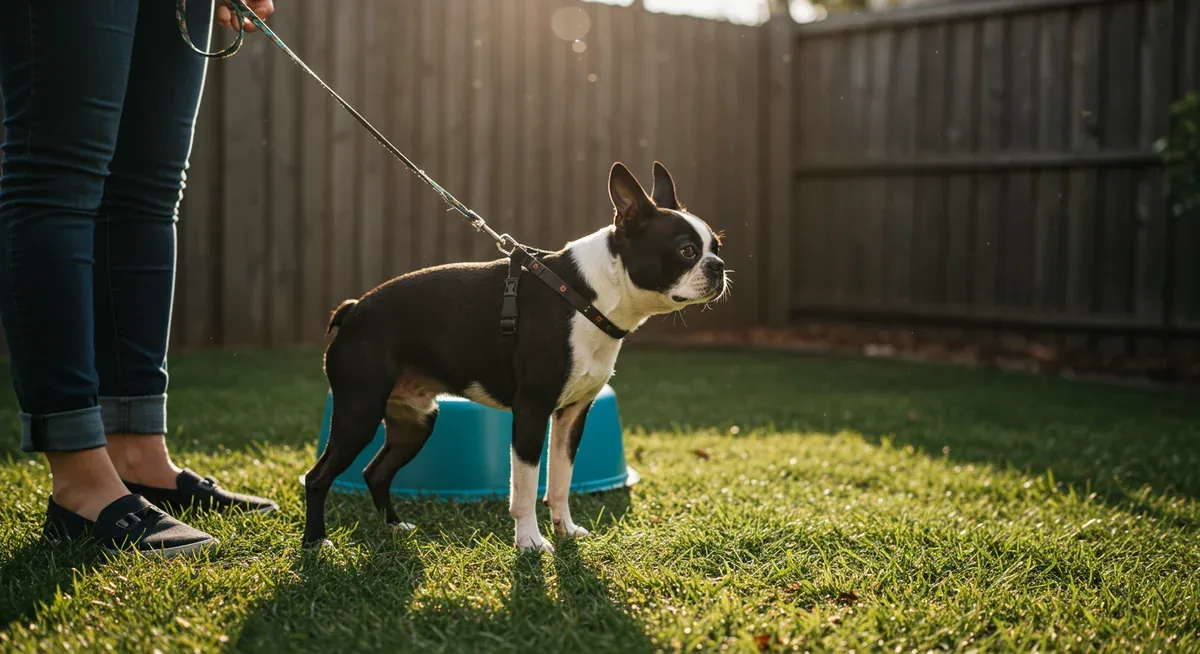 Boston Terrier in designated outdoor potty area with owner, illustrating the importance of routine and consistency in house training