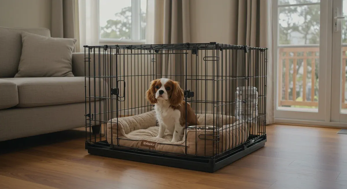 Cavalier King Charles Spaniel puppy resting comfortably in a properly-sized crate, demonstrating effective confinement strategy for house training