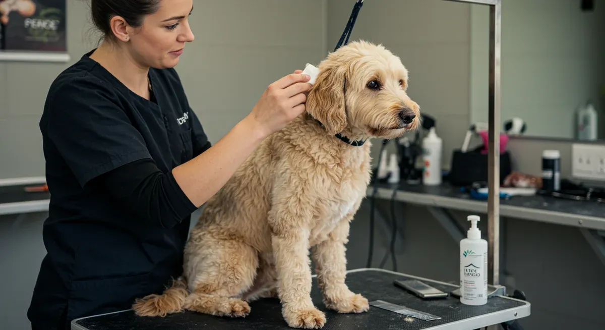 Professional groomer cleaning a Goldendoodle's ear as part of preventative care routine, demonstrating proper ear cleaning technique to prevent infections