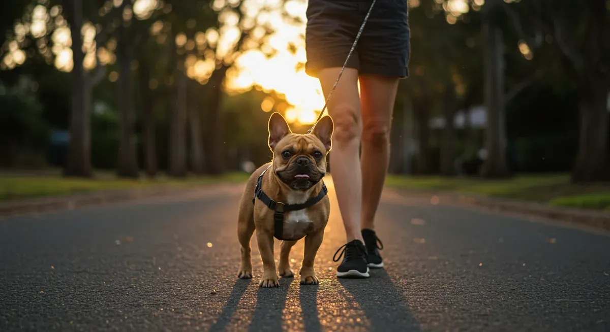 French Bulldog on a gentle walk during cooler hours, illustrating proper exercise timing and pace for the breed's limited exercise needs