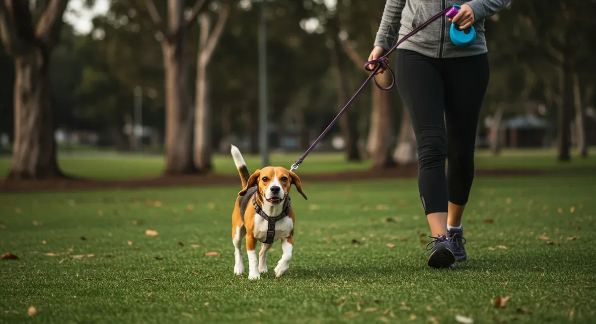 Beagle and owner during a structured morning walk demonstrating proper exercise scheduling and routine