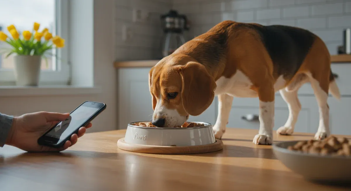 A Beagle using a slow-feeder bowl while an owner times the meal, demonstrating scheduled feeding practices and proper eating pace management