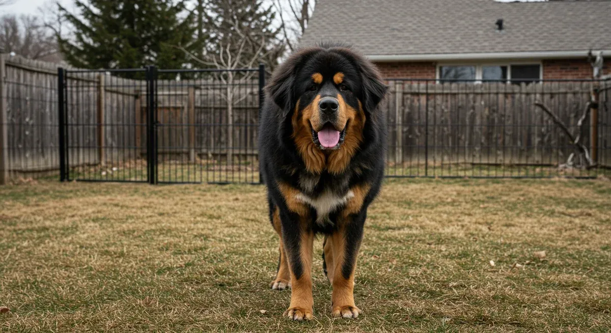 A Tibetan Mastiff in a well-fenced backyard demonstrating the spacious, secure living environment these large guardian dogs require