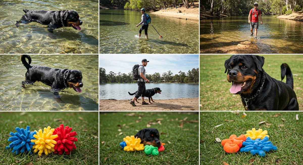 A Rottweiler demonstrating various exercise activities including swimming, hiking, and mental stimulation games, illustrating the diverse activity mix needed for this breed