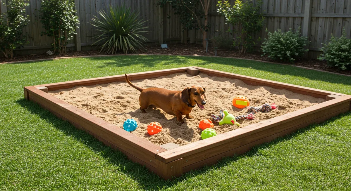 A Dachshund playing in a designated sandbox filled with sand and buried toys, showing an appropriate outlet for natural digging instincts