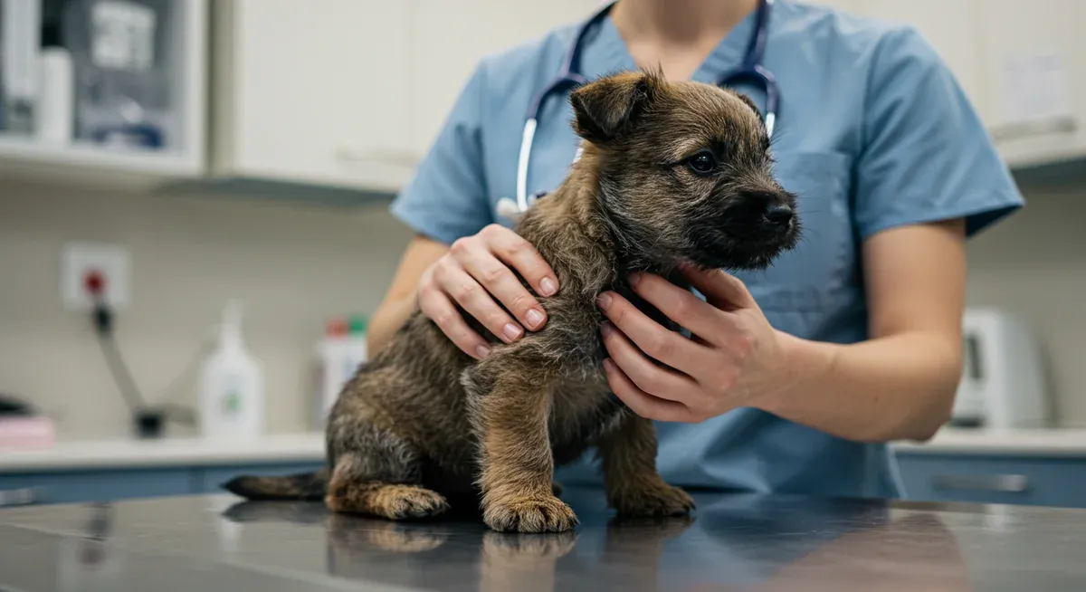 Six-week-old Cairn Terrier puppy during veterinary examination for early health screening, particularly for porto-systemic shunt detection