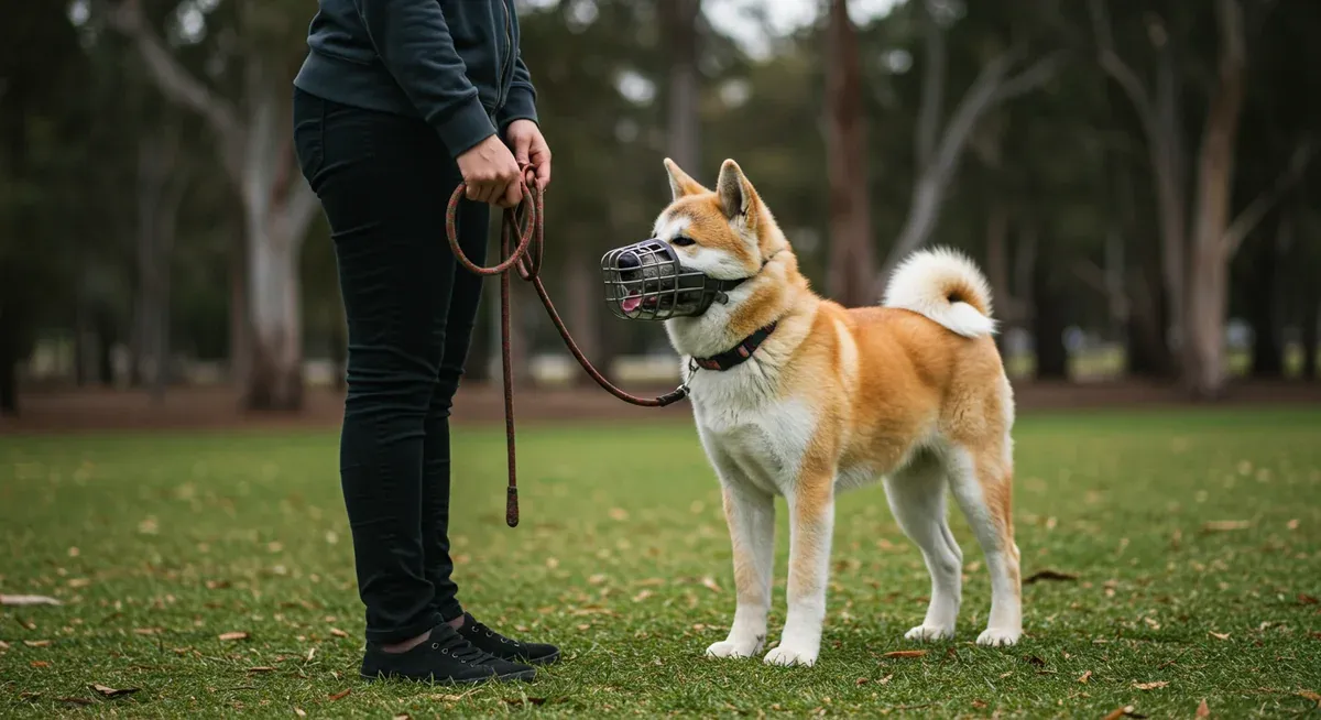 Akita puppy wearing a basket muzzle meeting new people during controlled socialisation training, demonstrating safe introduction techniques