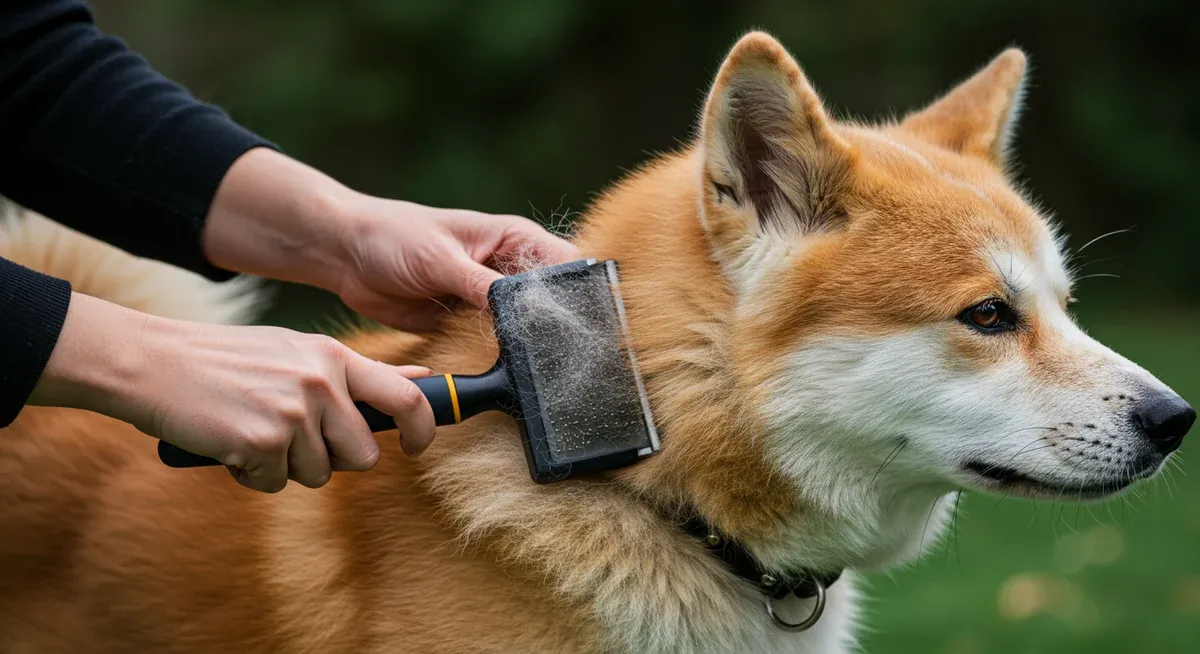 Close-up of daily brushing routine showing a slicker brush removing loose undercoat fur from an Akita's coat, demonstrating proper grooming technique
