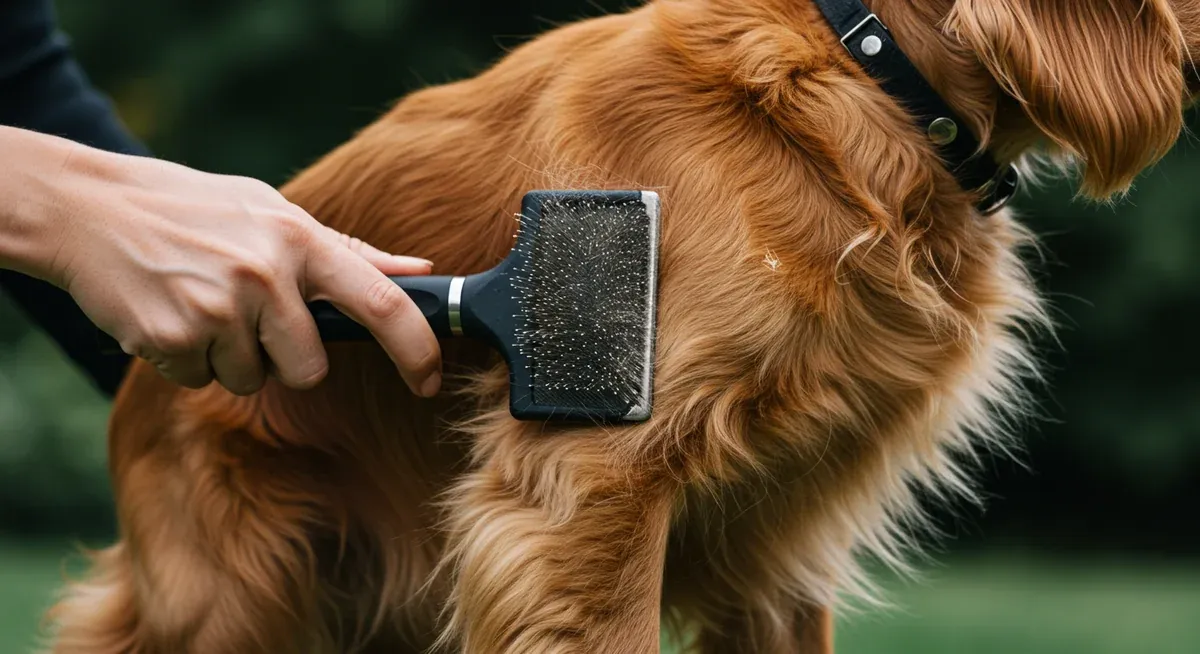 Close-up of daily brushing technique on an American Cocker Spaniel's feathered coat, demonstrating proper grooming to prevent matting