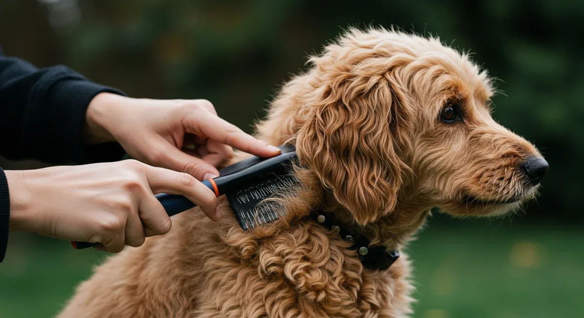 Close-up of hands properly brushing a Goldendoodle's coat with a slicker brush, demonstrating the sectional brushing technique described in the article