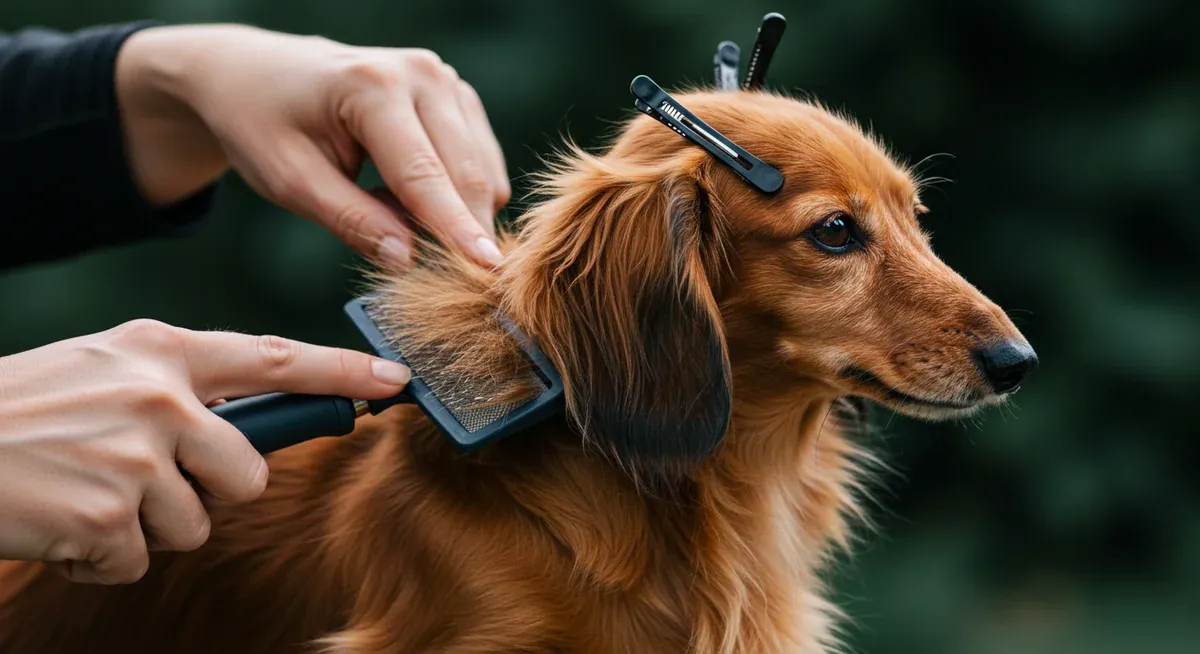 Hands demonstrating proper brushing technique on a long-haired Dachshund using professional grooming tools, showing the two-step brushing process