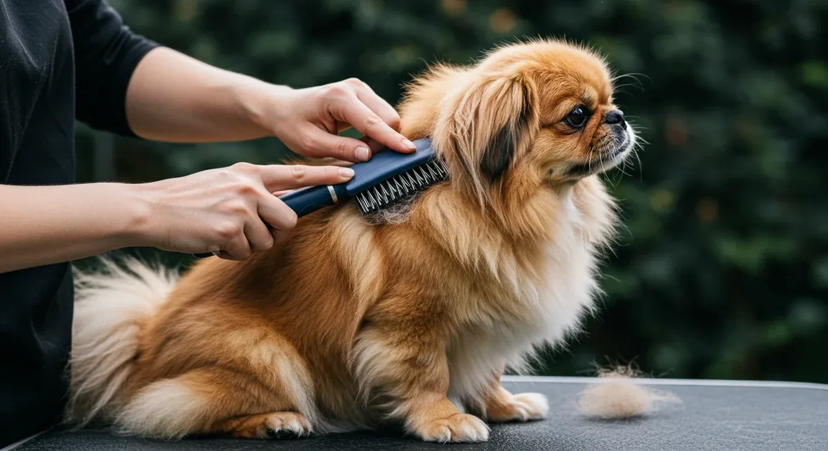 Hands demonstrating proper daily brushing technique on a Pekingese using a slicker brush, showing the systematic approach from head to tail