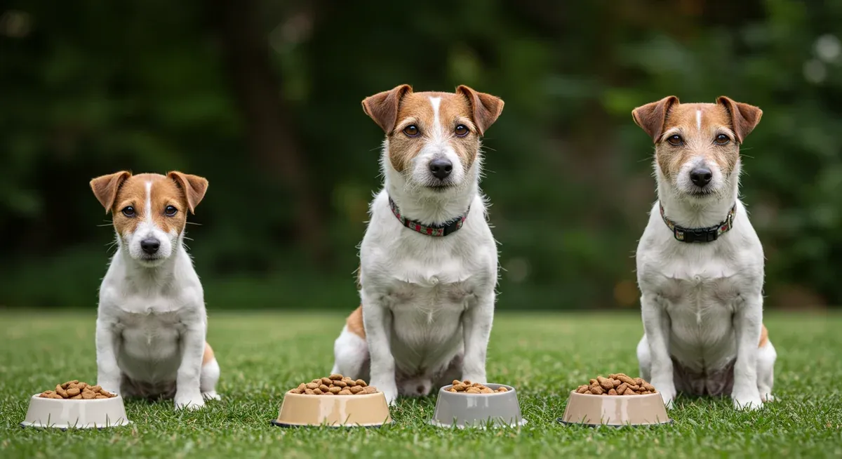 Three Jack Russell Terriers representing puppy, adult, and senior life stages with different sized food portions showing varying caloric needs