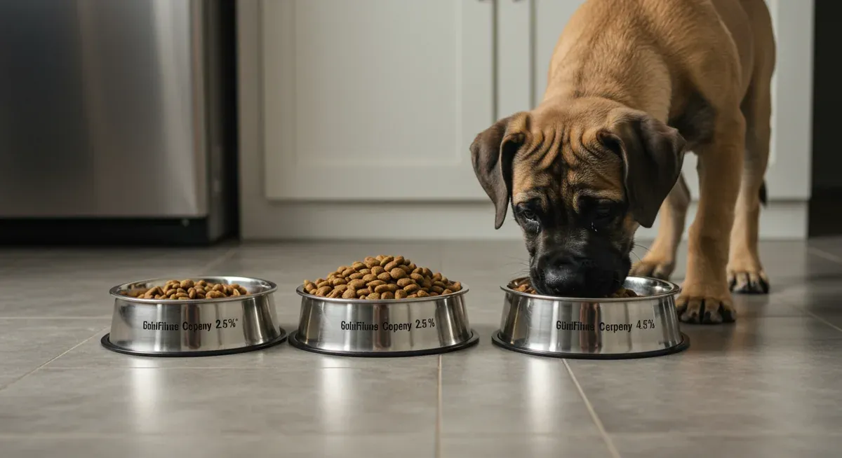 Three food bowls with different portion sizes demonstrating daily feeding schedule for Mastiff puppies