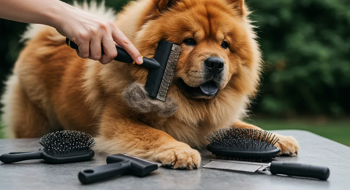 Close-up of grooming tools being used on a Chow Chow's coat, demonstrating proper brushing technique and the amount of fur removed during grooming
