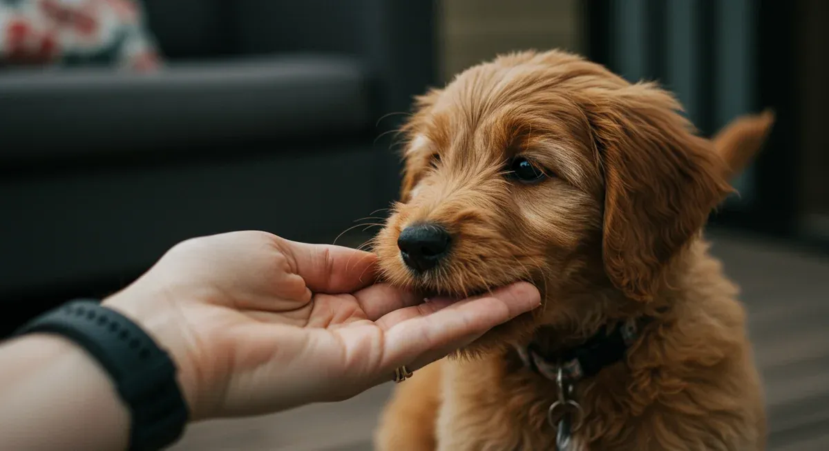 A Goldendoodle puppy gently mouthing a person's hand during play, illustrating the common puppy behavior of exploring through their mouth