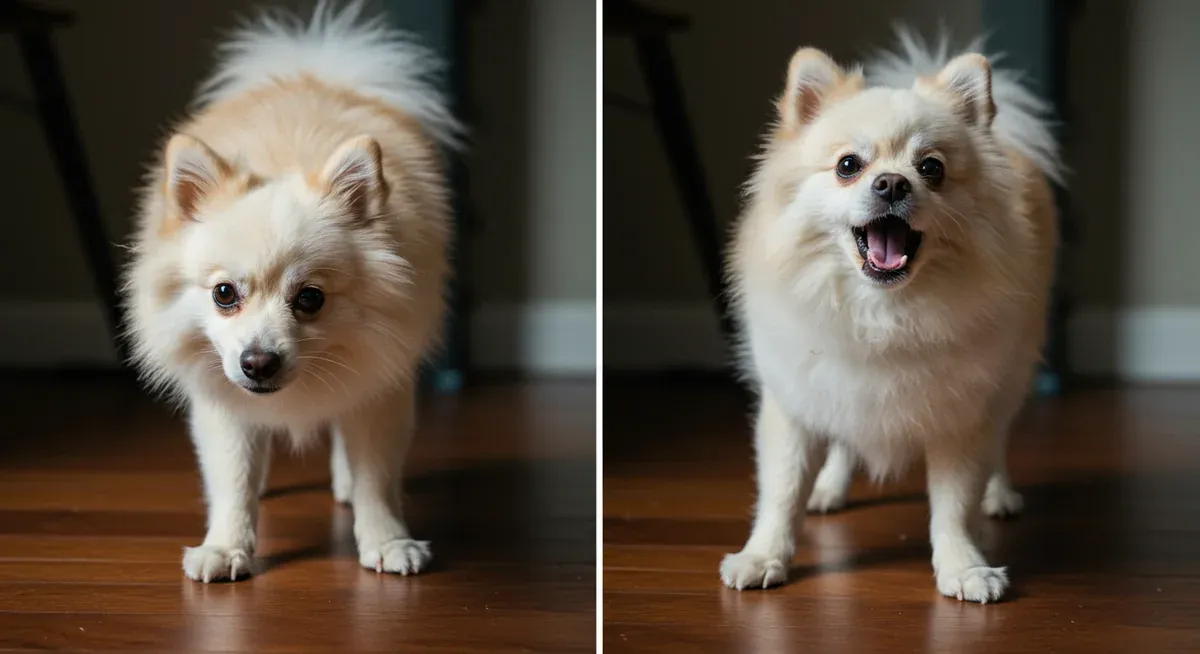 Split comparison of a Pomeranian showing fearful barking posture versus confident territorial barking stance, illustrating different types of barking behaviors
