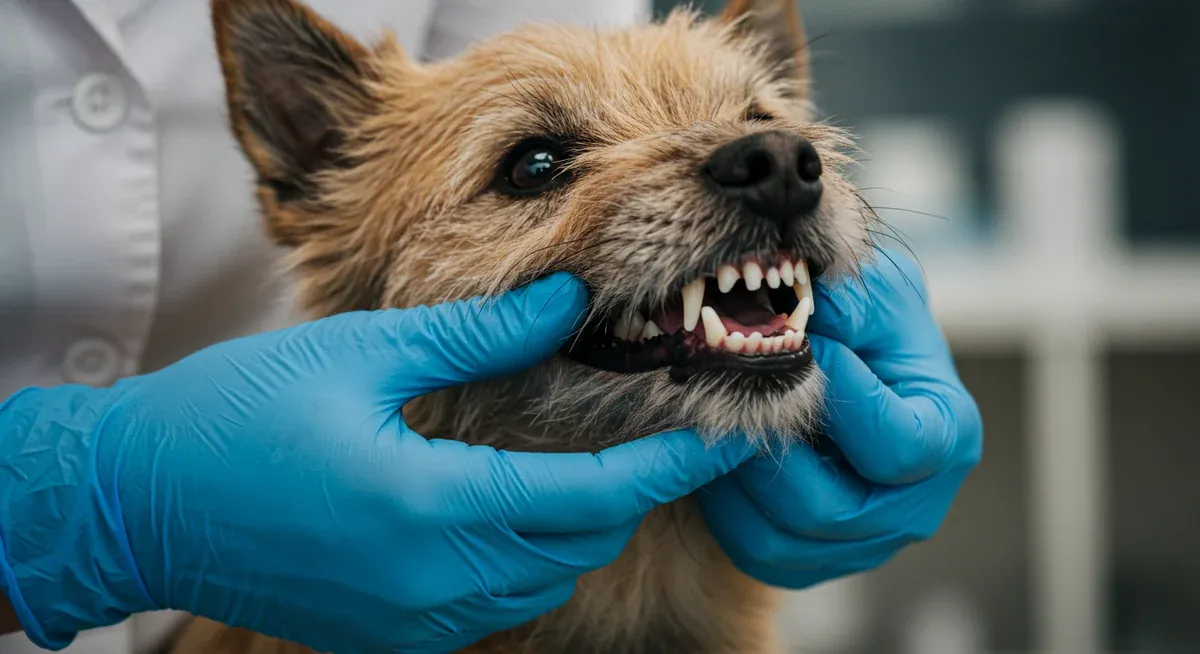 Close-up view of a Cairn Terrier's mouth being examined by a veterinarian, highlighting the breed's susceptibility to dental disease and small jaw structure