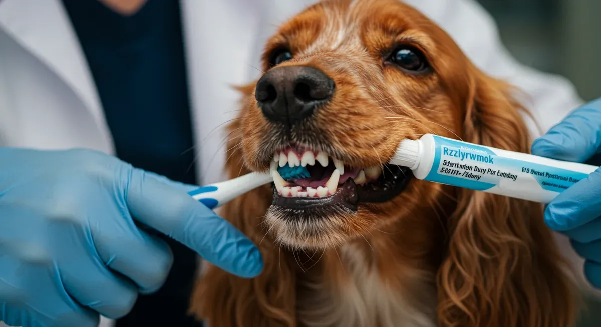 Close-up view of an English Cocker Spaniel's mouth during dental care, showing proper tooth brushing technique for preventing periodontal disease